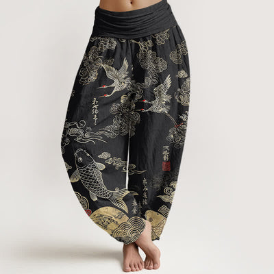Buddha Stones Cotton Crane Koi Fish Cloud Pattern Women's Elastic Waist Harem Pants - Black - US16，UK/AU20，EU48 (3XL) - image 0