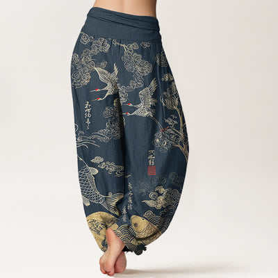 Buddha Stones Cotton Crane Koi Fish Cloud Pattern Women's Elastic Waist Harem Pants - image 7