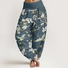 Buddha Stones Cotton White Blossom Crane Pattern Women's Elastic Waist Harem Pants - CadetBlue - US16，UK/AU20，EU48 (3XL) - image 0