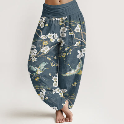 Buddha Stones Cotton White Blossom Crane Pattern Women's Elastic Waist Harem Pants - CadetBlue - US16，UK/AU20，EU48 (3XL) - image 0