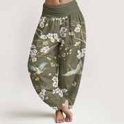 Foviel Cotton White Blossom Crane Pattern Women's Elastic Waist Harem Pants