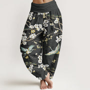 Foviel Baumwolle weiß Blossom Crane Muster Damen elastische Taille Harem Hose