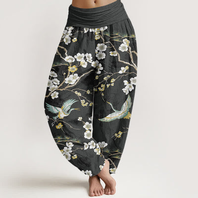 Buddha Stones Cotton White Blossom Crane Pattern Women's Elastic Waist Harem Pants - Black - US16，UK/AU20，EU48 (3XL) - image 8