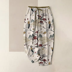 Buddha Stones Pure Cotton Graceful Crane and Plum Blossom Pattern Women's Elastic Waist Pants With Pockets - Ivory - US16，UK/AU20，EU48 (3XL) - image 0