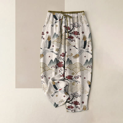 Buddha Stones Pure Cotton Graceful Crane and Plum Blossom Pattern Women's Elastic Waist Pants With Pockets - Ivory - US16，UK/AU20，EU48 (3XL) - image 0