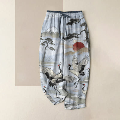 Buddha Stones Pure Cotton Crane Landscape Pattern Women's Elastic Waist Pants With Pockets - PowderBlue - US16，UK/AU20，EU48 (3XL) - image 3