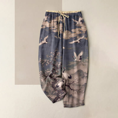 Buddha Stones Pure Cotton Elegant Crane Blossom Pattern Women's Elastic Waist Pants With Pockets - SlateGray - US16，UK/AU20，EU48 (3XL) - image 4