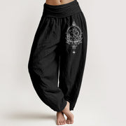 Foviel Pure Cotton Lotus Om Mandala Pattern Women's Elastic Waist Harem Pants