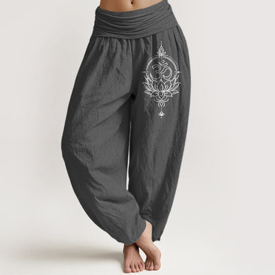 Buddha Stones Pure Cotton Lotus Om Mandala Pattern Women's Elastic Waist Harem Pants - DimGray - US16，UK/AU20，EU48 (3XL) - image 8