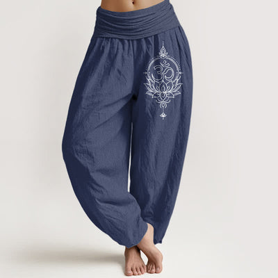 Buddha Stones Pure Cotton Lotus Om Mandala Pattern Women's Elastic Waist Harem Pants - DarkSlateBlue - US16，UK/AU20，EU48 (3XL) - image 0