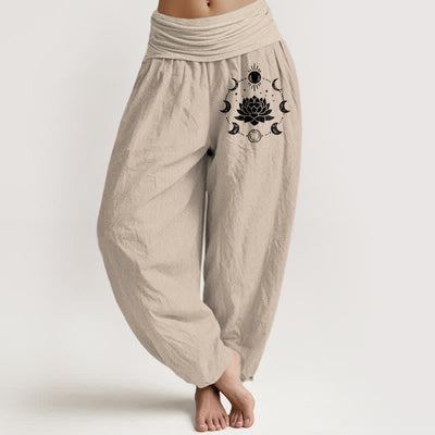 Buddha Stones Pure Cotton Lotus Moon Phases Pattern Women's Elastic Waist Harem Pants - Tan - US16，UK/AU20，EU48 (3XL) - image 11