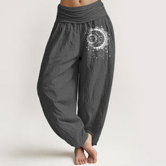 Buddha Stones Pure Cotton Celestial Sun Moon Pattern Women's Elastic Waist Harem Pants - DimGray - US16，UK/AU20，EU48 (3XL) - image 0
