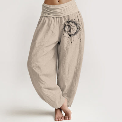Buddha Stones Pure Cotton Celestial Sun Moon Pattern Women's Elastic Waist Harem Pants - Tan - US16，UK/AU20，EU48 (3XL) - image 11