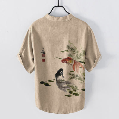 Buddha Stones Cotton Twin Koi Lotus Leaf Pattern Men's Short Sleeve Half Button Shirt - image 4