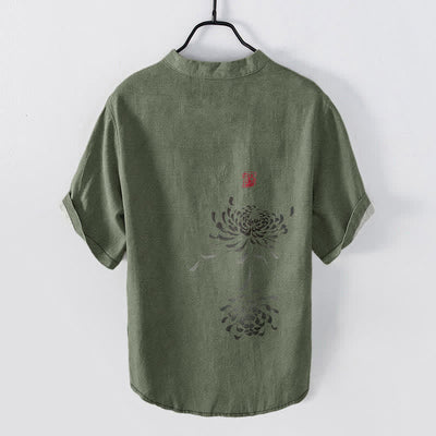 Buddha Stones Cotton Ink Chrysanthemum Seal Pattern Men's Short Sleeve Half Button Shirt - image 6