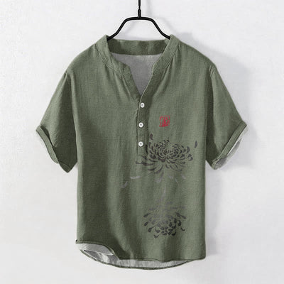 Buddha Stones Cotton Ink Chrysanthemum Seal Pattern Men's Short Sleeve Half Button Shirt - DarkOliveGreen - US/UK/AU50，EU60 (5XL) - image 5