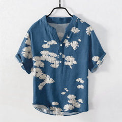 Buddha Stones Cotton White Daisy Pattern Men's Short Sleeve Half Button Shirt - RoyalBlue - US/UK/AU50，EU60 (5XL) - image 0