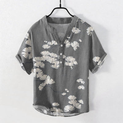 Buddha Stones Cotton White Daisy Pattern Men's Short Sleeve Half Button Shirt - Gray - US/UK/AU50，EU60 (5XL) - image 7