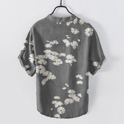 Buddha Stones Cotton White Daisy Pattern Men's Short Sleeve Half Button Shirt - image 8