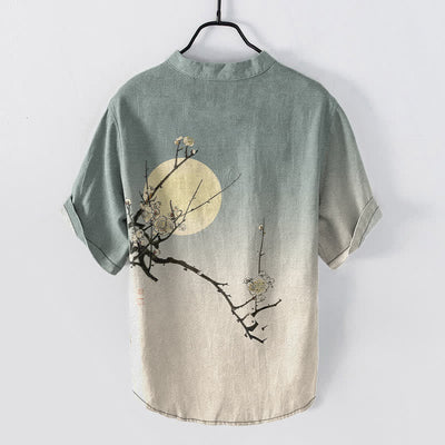 Buddha Stones Cotton Plum Blossom Moon Pattern Men's Short Sleeve Half Button Shirt - image 6