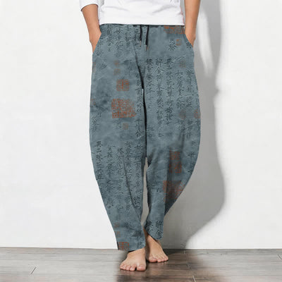 Buddha Stones Pure Cotton Vintage Calligraphy Seal Pattern Drawstring Men's Tapered Pants With Pockets - CadetBlue - US/UK/AU50，EU60 (5XL) - image 7