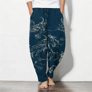 Foviel Pure Cotton Running Horse Line Art Pattern Drawstring Men's Tapered Pants With Pockets
