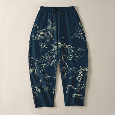 Buddha Stones Pure Cotton Running Horse Line Art Pattern Drawstring Men's Tapered Pants With Pockets - image 2