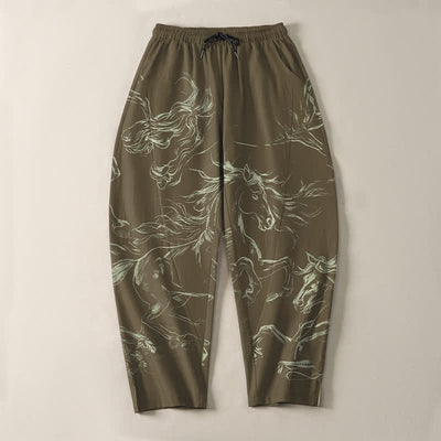 Buddha Stones Pure Cotton Running Horse Line Art Pattern Drawstring Men's Tapered Pants With Pockets - image 13