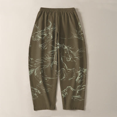 Buddha Stones Pure Cotton Running Horse Line Art Pattern Drawstring Men's Tapered Pants With Pockets - image 14