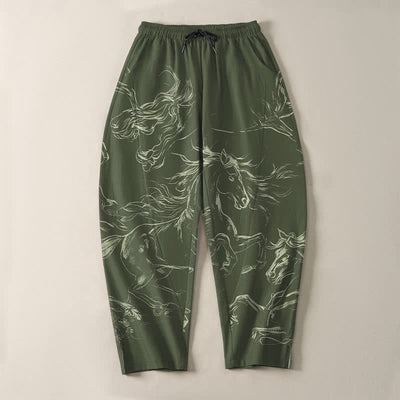 Buddha Stones Pure Cotton Running Horse Line Art Pattern Drawstring Men's Tapered Pants With Pockets - image 9