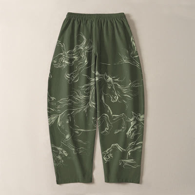Buddha Stones Pure Cotton Running Horse Line Art Pattern Drawstring Men's Tapered Pants With Pockets - image 10