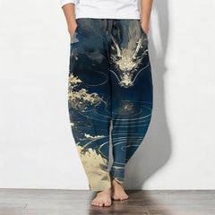 Buddha Stones Pure Cotton Golden Dragon Wave Pattern Drawstring Men's Tapered Pants With Pockets - Navy - US/UK/AU50，EU60 (5XL) - image 0