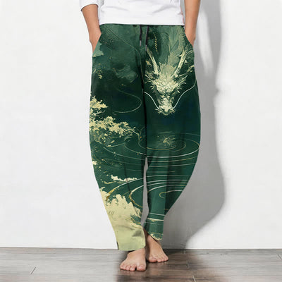 Buddha Stones Pure Cotton Golden Dragon Wave Pattern Drawstring Men's Tapered Pants With Pockets - DarkGreen - US/UK/AU50，EU60 (5XL) - image 11