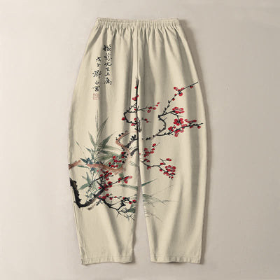 Buddha Stones Pure Cotton Ink Plum Blossom Pattern Drawstring Men's Tapered Pants With Pockets - image 3