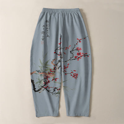 Buddha Stones Pure Cotton Ink Plum Blossom Pattern Drawstring Men's Tapered Pants With Pockets - image 14