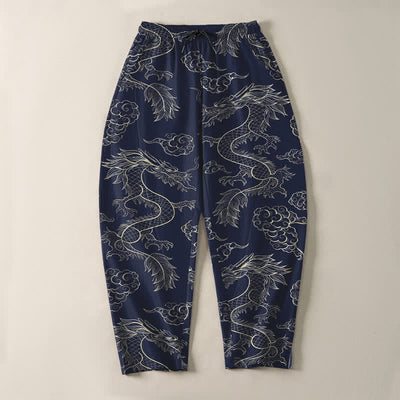 Buddha Stones Pure Cotton Oriental Dragon Cloud Pattern Drawstring Men's Tapered Pants With Pockets - image 2