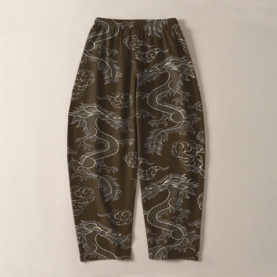 Buddha Stones Pure Cotton Oriental Dragon Cloud Pattern Drawstring Men's Tapered Pants With Pockets - image 14
