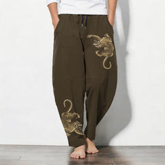 Buddha Stones Pure Cotton Golden Tiger Pattern Drawstring Men's Tapered Pants With Pockets - SaddleBrown - US/UK/AU50，EU60 (5XL) - image 0