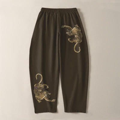 Buddha Stones Pure Cotton Golden Tiger Pattern Drawstring Men's Tapered Pants With Pockets - image 3