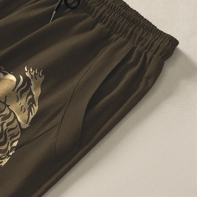 Buddha Stones Pure Cotton Golden Tiger Pattern Drawstring Men's Tapered Pants With Pockets - image 4