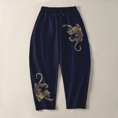 Buddha Stones Pure Cotton Golden Tiger Pattern Drawstring Men's Tapered Pants With Pockets - image 9