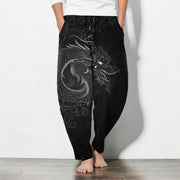 Foviel Pure Cotton Dragon Line Art Pattern Drawstring Men's Tapered Pants With Pockets
