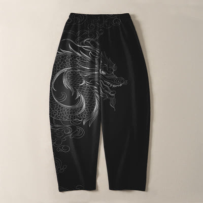 Buddha Stones Pure Cotton Dragon Line Art Pattern Drawstring Men's Tapered Pants With Pockets - image 3
