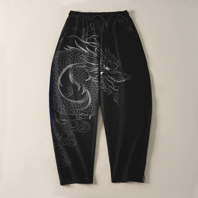 Buddha Stones Pure Cotton Dragon Line Art Pattern Drawstring Men's Tapered Pants With Pockets - image 2