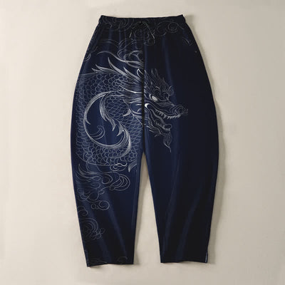 Buddha Stones Pure Cotton Dragon Line Art Pattern Drawstring Men's Tapered Pants With Pockets - image 9