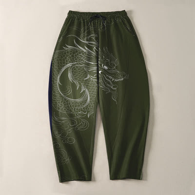 Buddha Stones Pure Cotton Dragon Line Art Pattern Drawstring Men's Tapered Pants With Pockets - image 13