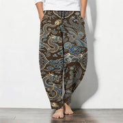 Foviel Pure Cotton Azure Dragon Cloud Pattern Drawstring Men's Tapered Pants With Pockets