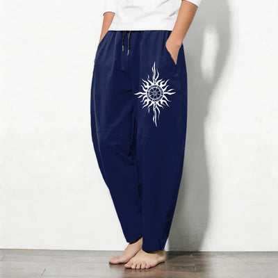 Buddha Stones Pure Cotton Tribal Sun Pattern Drawstring Men's Tapered Pants With Pockets - image 8