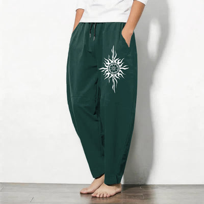 Buddha Stones Pure Cotton Tribal Sun Pattern Drawstring Men's Tapered Pants With Pockets - image 12