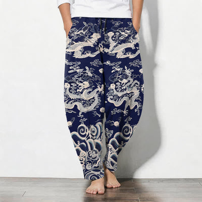 Buddha Stones Pure Cotton Dragon Wave Pattern Drawstring Men's Tapered Pants With Pockets - Navy - US/UK/AU50，EU60 (5XL) - image 0